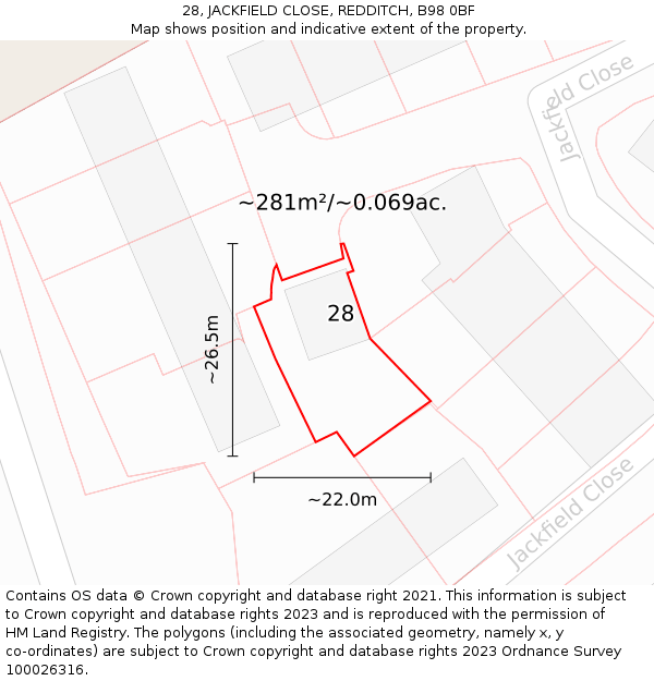 28, JACKFIELD CLOSE, REDDITCH, B98 0BF: Plot and title map