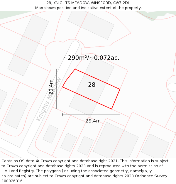 28, KNIGHTS MEADOW, WINSFORD, CW7 2DL: Plot and title map