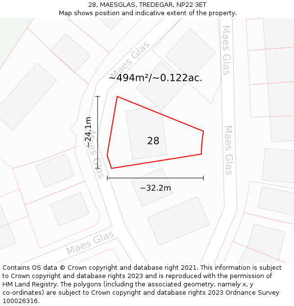 28, MAESGLAS, TREDEGAR, NP22 3ET: Plot and title map