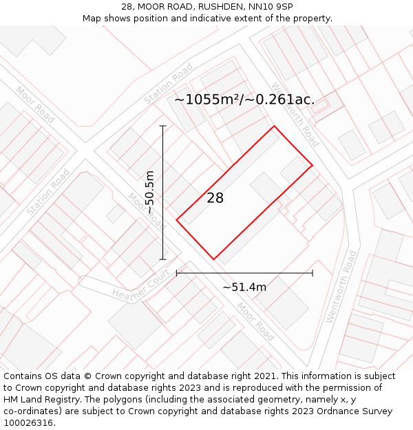 28, MOOR ROAD, RUSHDEN, NN10 9SP: Plot and title map