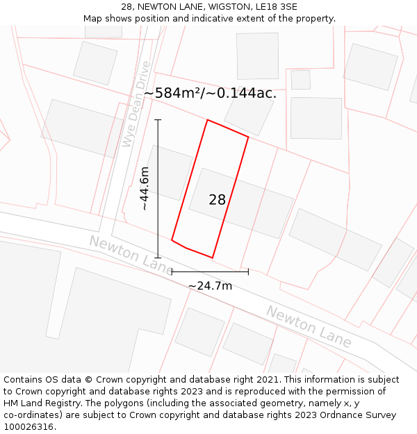 28, NEWTON LANE, WIGSTON, LE18 3SE: Plot and title map