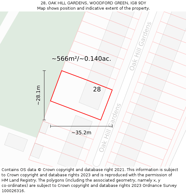 28, OAK HILL GARDENS, WOODFORD GREEN, IG8 9DY: Plot and title map