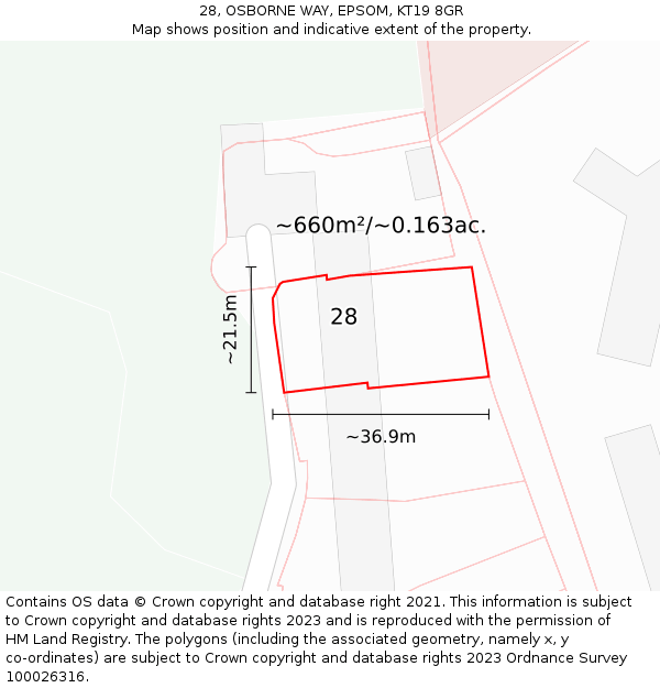 28, OSBORNE WAY, EPSOM, KT19 8GR: Plot and title map