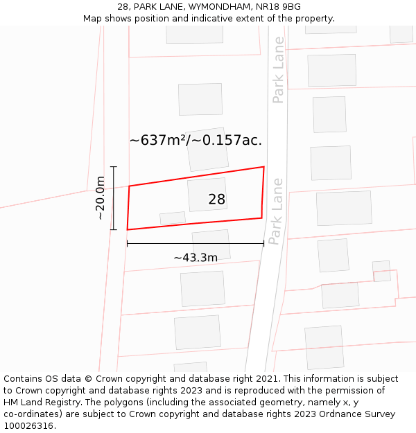 28, PARK LANE, WYMONDHAM, NR18 9BG: Plot and title map