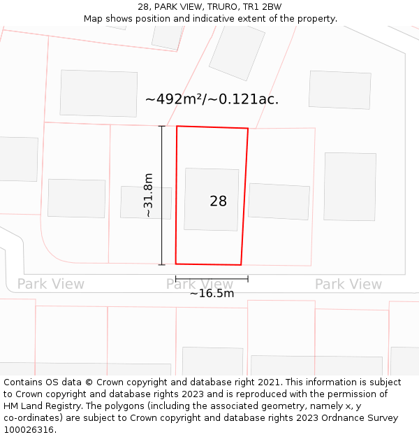 28, PARK VIEW, TRURO, TR1 2BW: Plot and title map