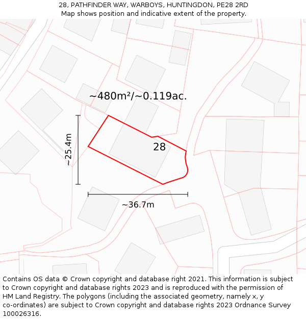 28, PATHFINDER WAY, WARBOYS, HUNTINGDON, PE28 2RD: Plot and title map