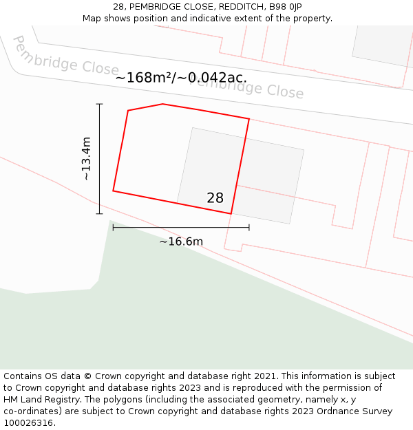 28, PEMBRIDGE CLOSE, REDDITCH, B98 0JP: Plot and title map