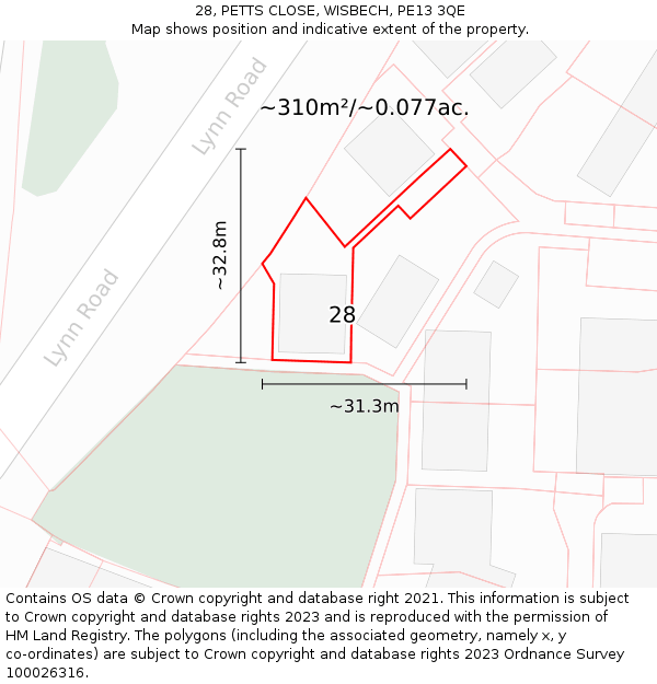 28, PETTS CLOSE, WISBECH, PE13 3QE: Plot and title map