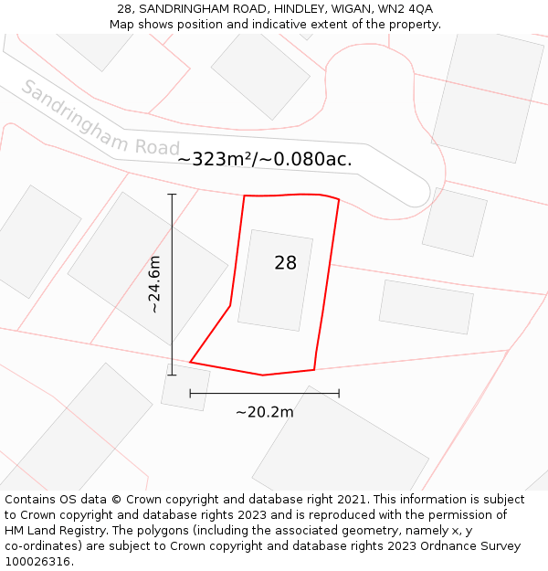 28, SANDRINGHAM ROAD, HINDLEY, WIGAN, WN2 4QA: Plot and title map