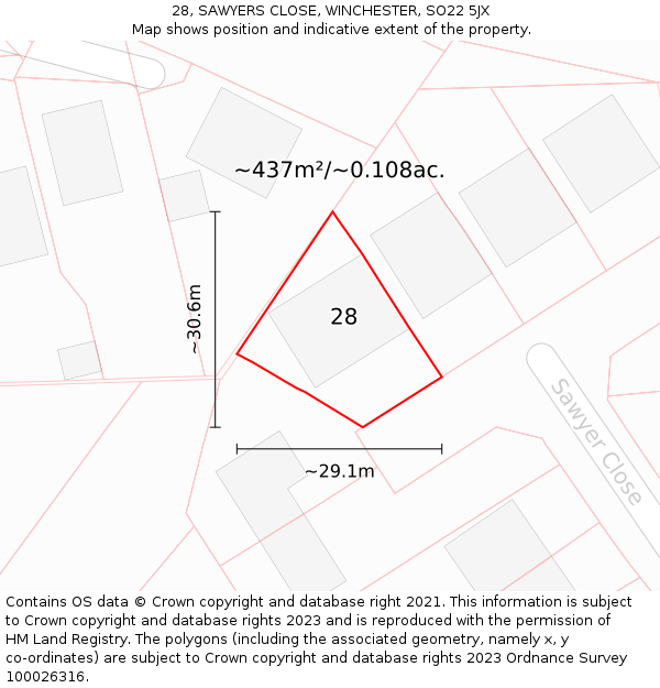 28, SAWYERS CLOSE, WINCHESTER, SO22 5JX: Plot and title map