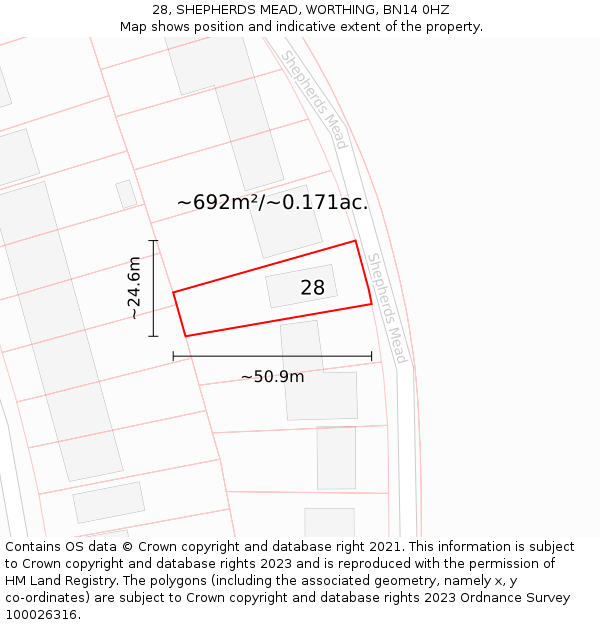 28, SHEPHERDS MEAD, WORTHING, BN14 0HZ: Plot and title map