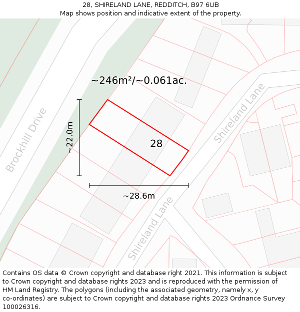 28, SHIRELAND LANE, REDDITCH, B97 6UB: Plot and title map