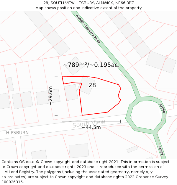 28, SOUTH VIEW, LESBURY, ALNWICK, NE66 3PZ: Plot and title map