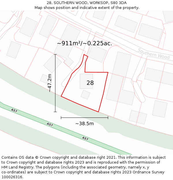 28, SOUTHERN WOOD, WORKSOP, S80 3DA: Plot and title map