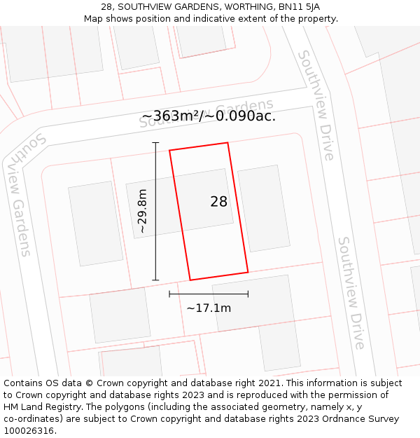 28, SOUTHVIEW GARDENS, WORTHING, BN11 5JA: Plot and title map