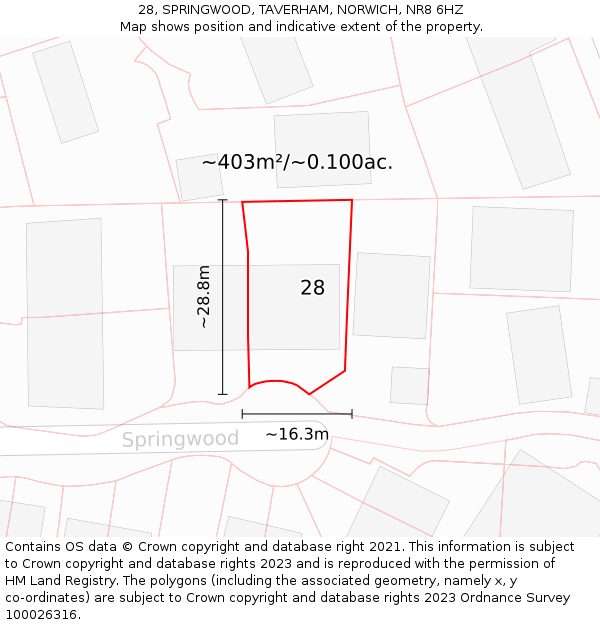 28, SPRINGWOOD, TAVERHAM, NORWICH, NR8 6HZ: Plot and title map