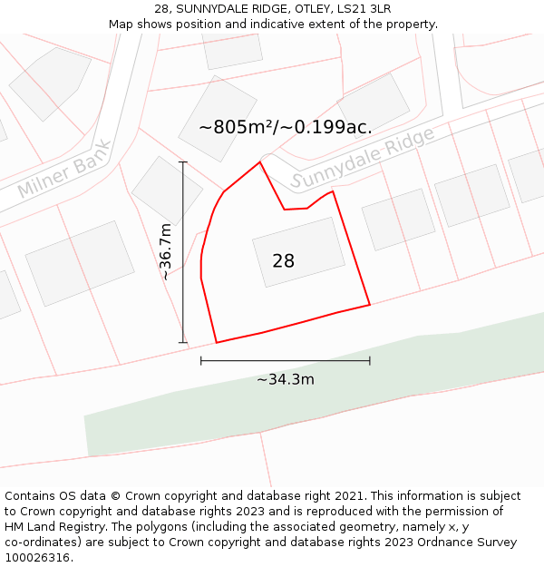 28, SUNNYDALE RIDGE, OTLEY, LS21 3LR: Plot and title map