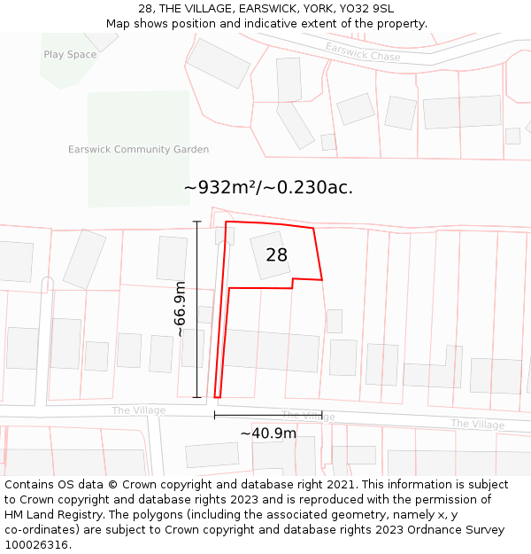 28, THE VILLAGE, EARSWICK, YORK, YO32 9SL: Plot and title map