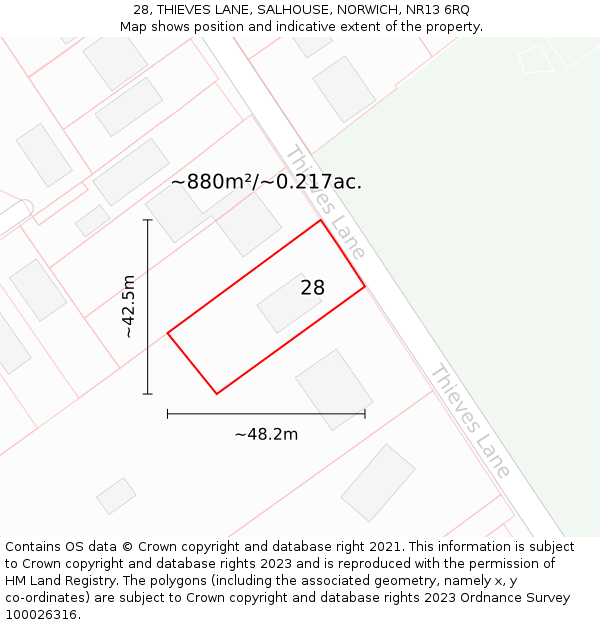 28, THIEVES LANE, SALHOUSE, NORWICH, NR13 6RQ: Plot and title map