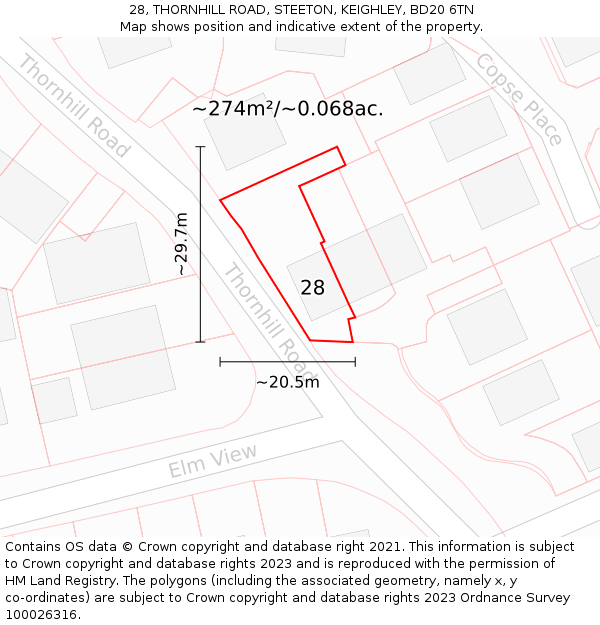 28, THORNHILL ROAD, STEETON, KEIGHLEY, BD20 6TN: Plot and title map
