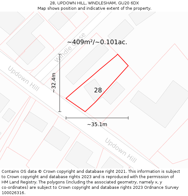 28, UPDOWN HILL, WINDLESHAM, GU20 6DX: Plot and title map