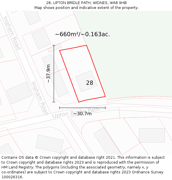 28, UPTON BRIDLE PATH, WIDNES, WA8 9HB: Plot and title map