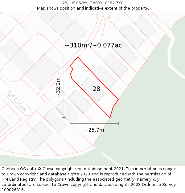 28, USK WAY, BARRY, CF62 7XL: Plot and title map