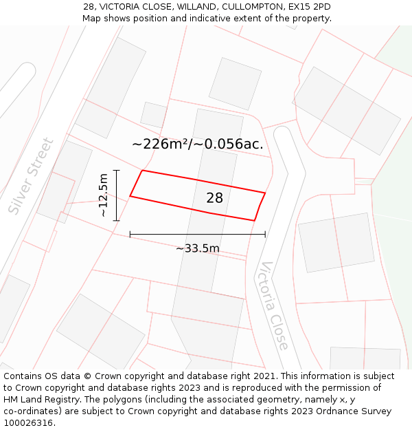 28, VICTORIA CLOSE, WILLAND, CULLOMPTON, EX15 2PD: Plot and title map