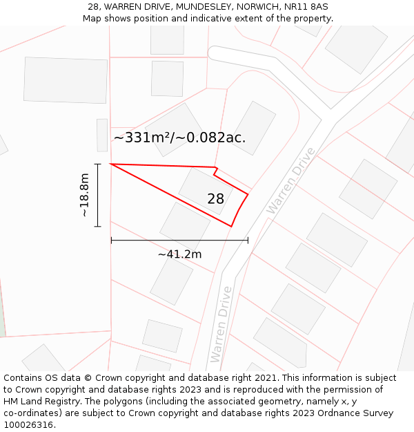 28, WARREN DRIVE, MUNDESLEY, NORWICH, NR11 8AS: Plot and title map