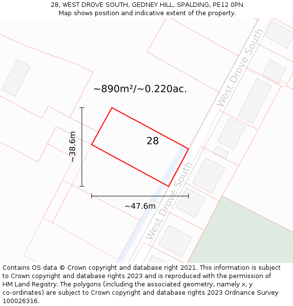 28, WEST DROVE SOUTH, GEDNEY HILL, SPALDING, PE12 0PN: Plot and title map