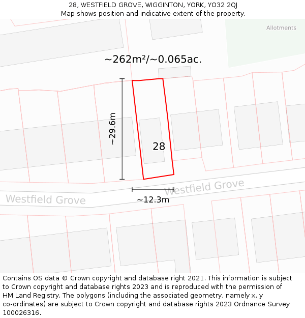 28, WESTFIELD GROVE, WIGGINTON, YORK, YO32 2QJ: Plot and title map