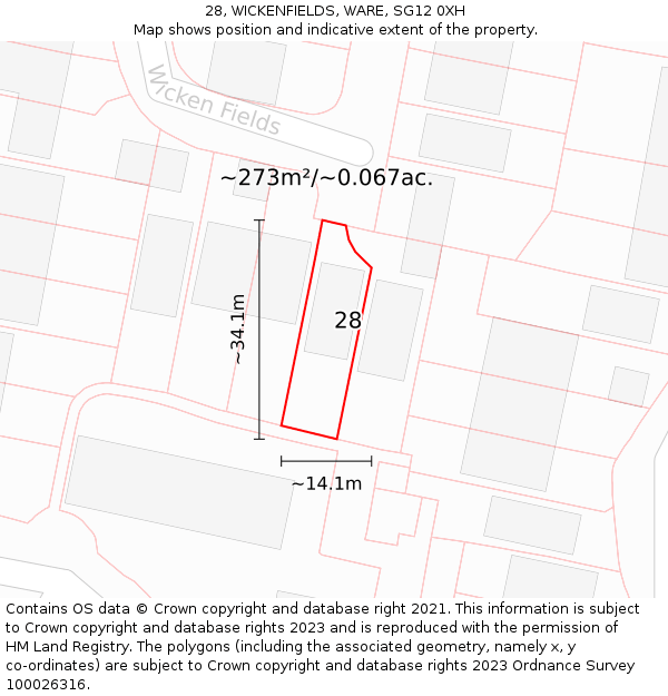 28, WICKENFIELDS, WARE, SG12 0XH: Plot and title map