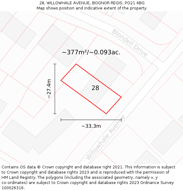 28, WILLOWHALE AVENUE, BOGNOR REGIS, PO21 4BG: Plot and title map