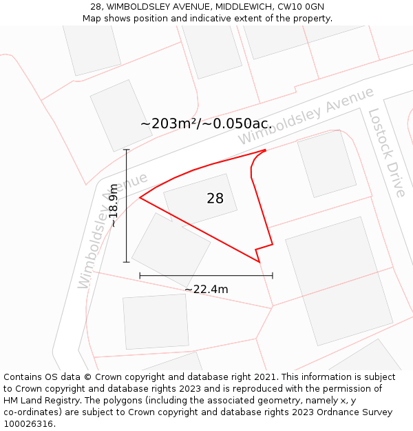 28, WIMBOLDSLEY AVENUE, MIDDLEWICH, CW10 0GN: Plot and title map