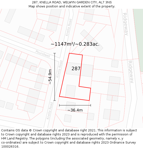 287, KNELLA ROAD, WELWYN GARDEN CITY, AL7 3NS: Plot and title map