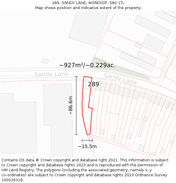 289, SANDY LANE, WORKSOP, S80 1TL: Plot and title map