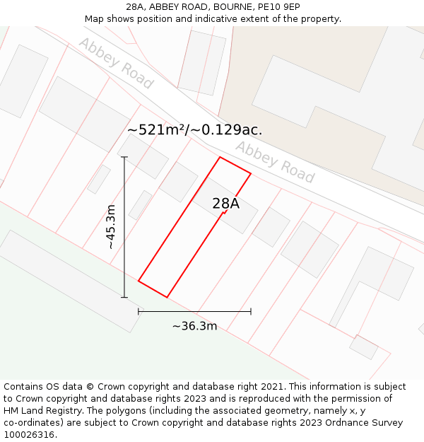 28A, ABBEY ROAD, BOURNE, PE10 9EP: Plot and title map