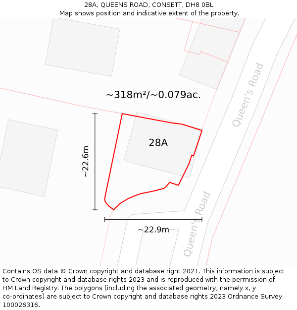 28A, QUEENS ROAD, CONSETT, DH8 0BL: Plot and title map