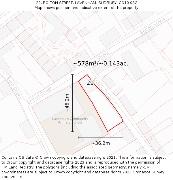 29, BOLTON STREET, LAVENHAM, SUDBURY, CO10 9RG: Plot and title map