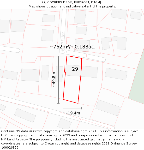 29, COOPERS DRIVE, BRIDPORT, DT6 4JU: Plot and title map