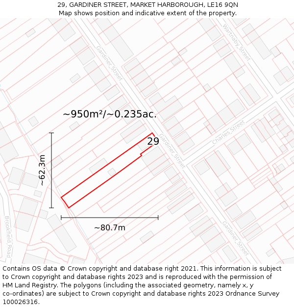 29, GARDINER STREET, MARKET HARBOROUGH, LE16 9QN: Plot and title map