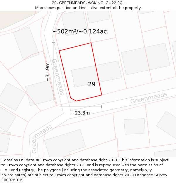 29, GREENMEADS, WOKING, GU22 9QL: Plot and title map