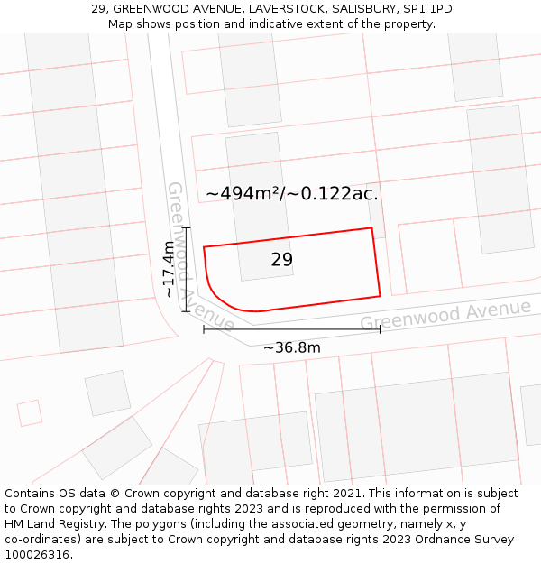 29, GREENWOOD AVENUE, LAVERSTOCK, SALISBURY, SP1 1PD: Plot and title map