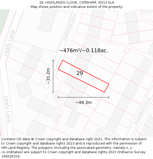 29, HIGHLANDS CLOSE, CORSHAM, SN13 0LA: Plot and title map