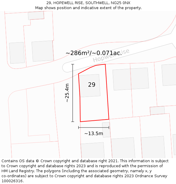 29, HOPEWELL RISE, SOUTHWELL, NG25 0NX: Plot and title map