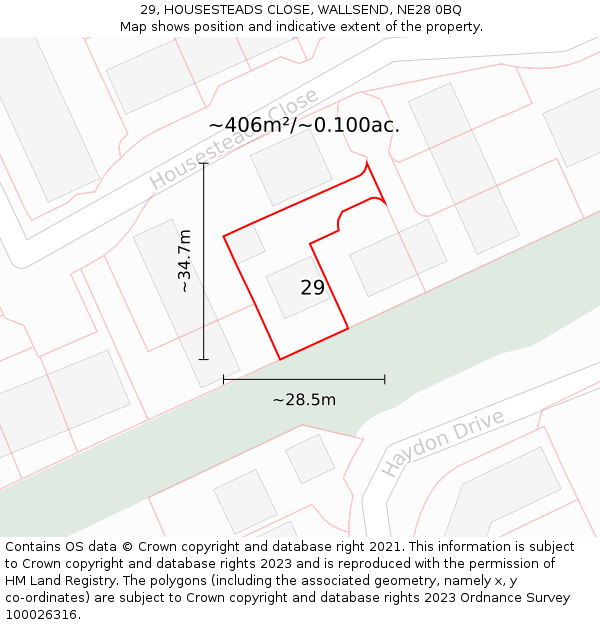 29, HOUSESTEADS CLOSE, WALLSEND, NE28 0BQ: Plot and title map