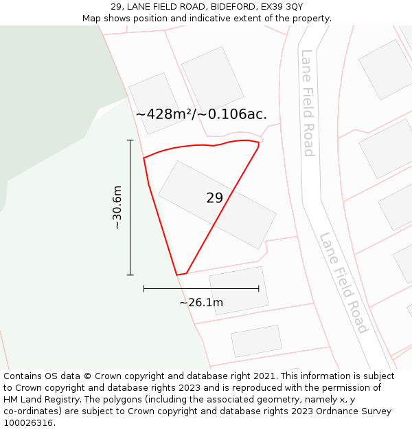 29, LANE FIELD ROAD, BIDEFORD, EX39 3QY: Plot and title map