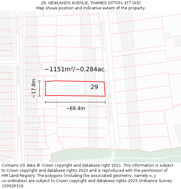 29, NEWLANDS AVENUE, THAMES DITTON, KT7 0HD: Plot and title map