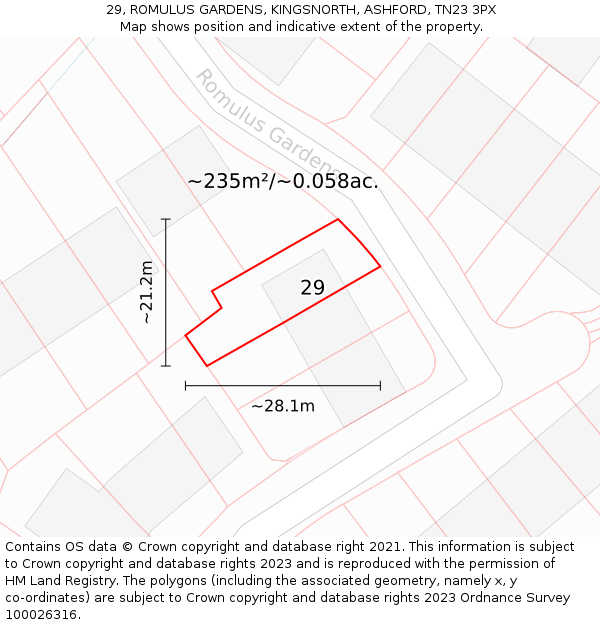 29, ROMULUS GARDENS, KINGSNORTH, ASHFORD, TN23 3PX: Plot and title map