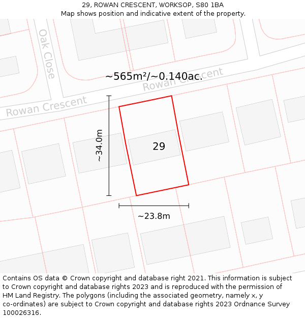 29, ROWAN CRESCENT, WORKSOP, S80 1BA: Plot and title map